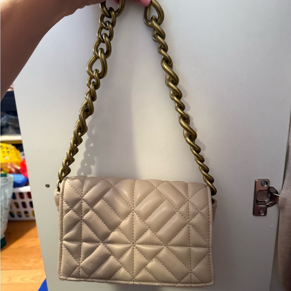Zara Quilted Tan Shoulder Bag with Gold Chain